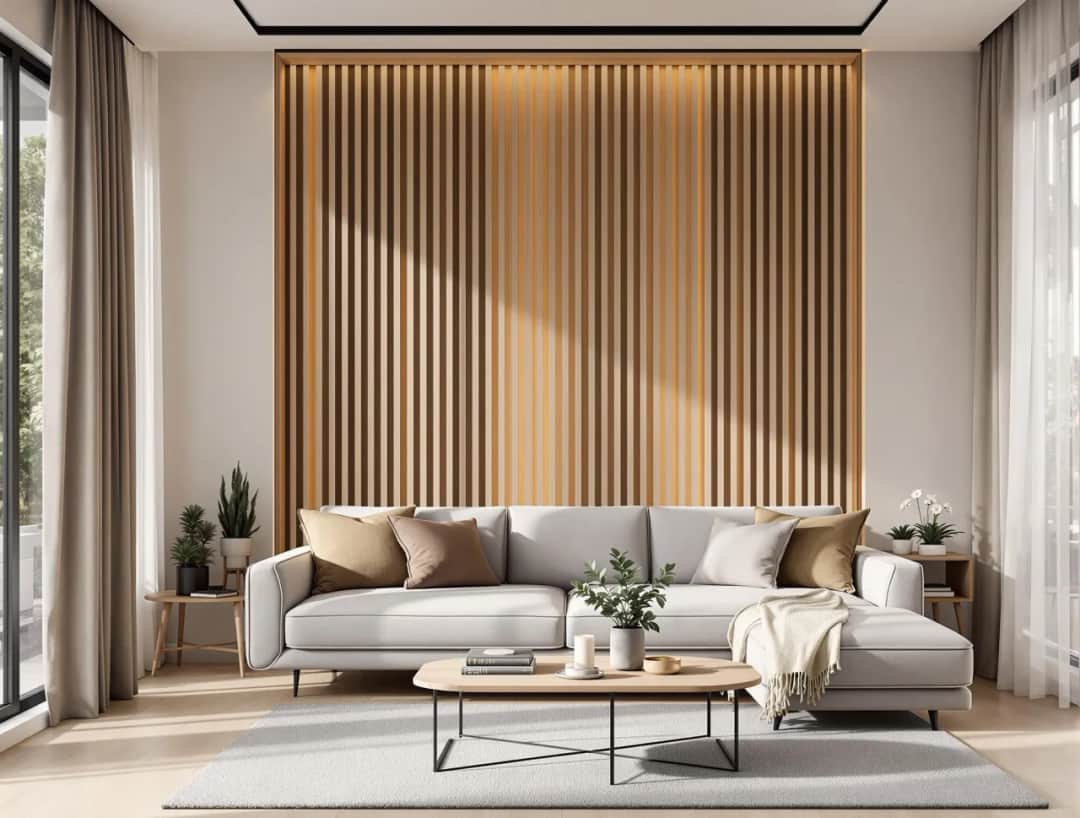 Stylowa dekoracja ścienna - lamele w salonie tworzące wyjątkowy klimat