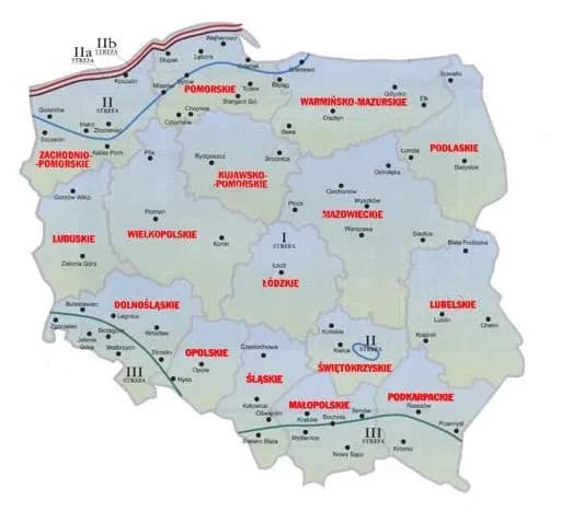 Parcie wiatru na ścianę - Strefy obciążenia wiatrem, Polska
