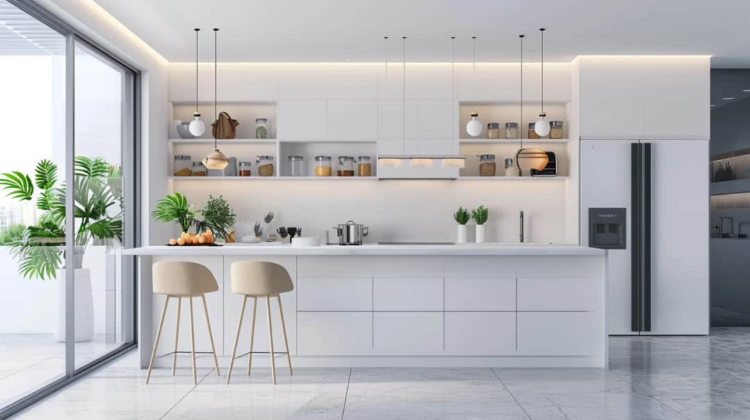 Biała kuchnia do sufitu - funkcjonalność w górnej półce wzornictwa